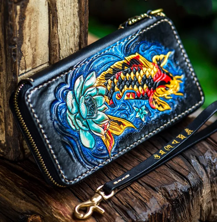 

Handmade Wallet Genuine Leather Carving Fish Purses Men Long Clutch Vegetable Tanned Leather Wallet Card Holder