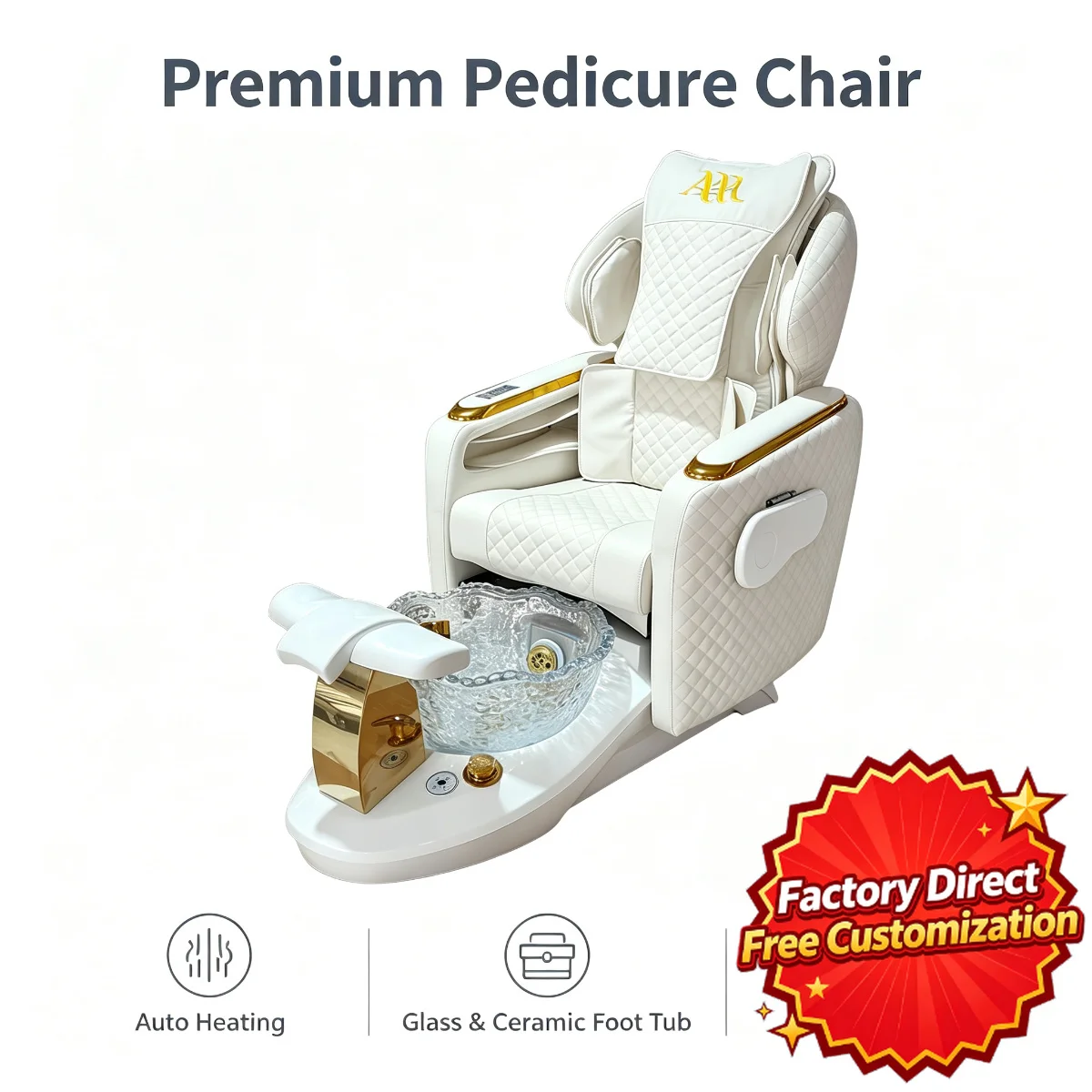 Electric Pedicure Chair White Gold Tufted Glass Foot Spa Heated Massage Luxury Professional Salon Beauty Equipment Furniture