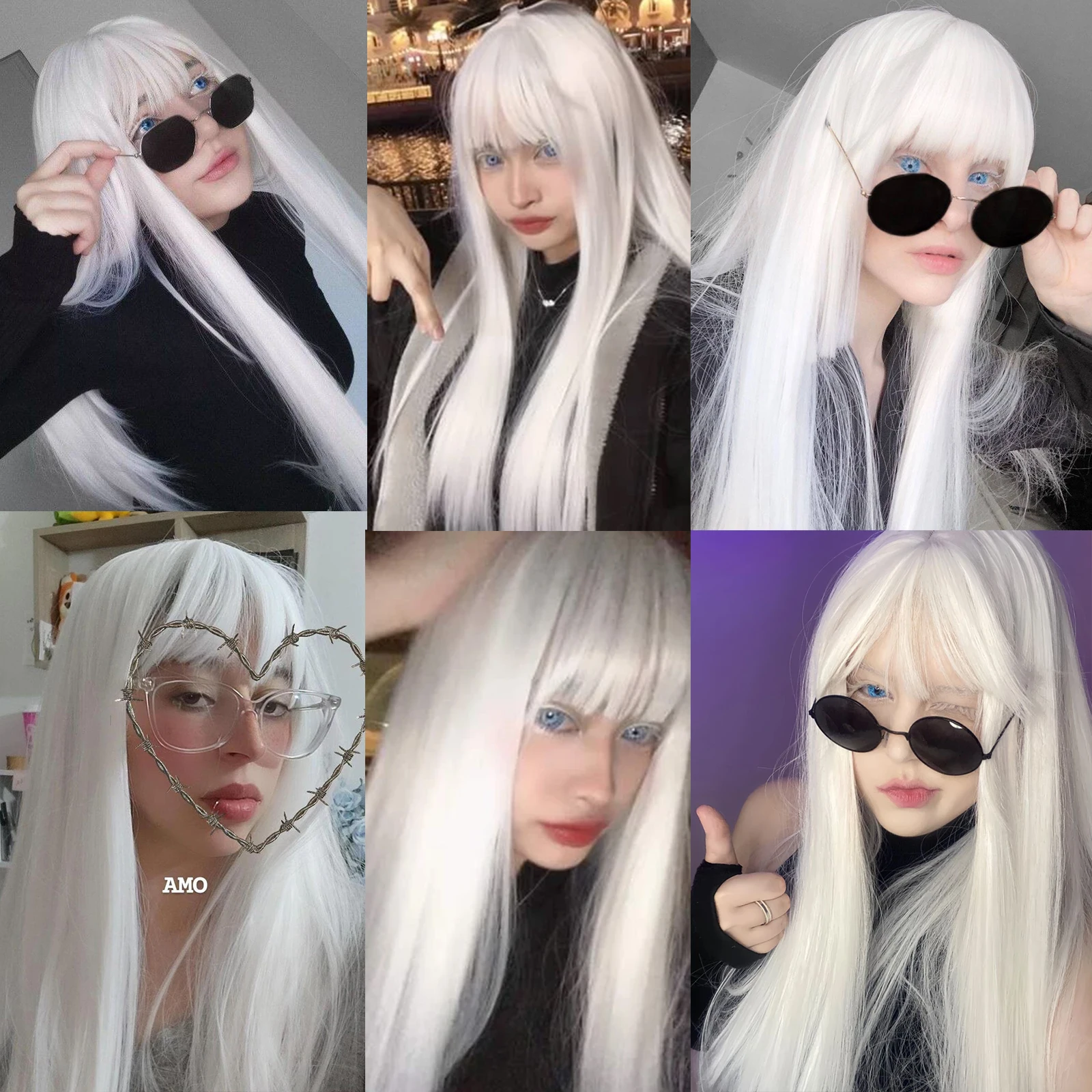 EASIHAIR Long Straight White Perucas Sintéticas para Mulheres Afro com Bangs Diário Cosplay Cabelo Perucas Naturais Peruca De Fibra Resistente Ao Calor