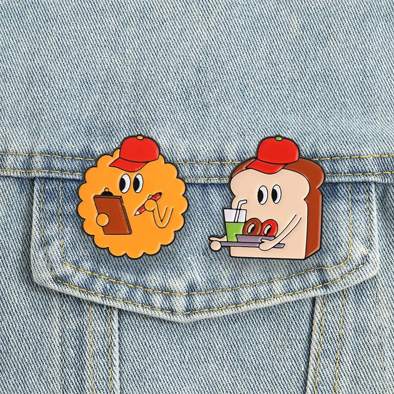 Niedliche Cartoon-Lebensmittel-Charaktere Emaille-Abzeichen Toast Fleischpatties Lieferarbeiter-Pins Lustige Snack-Metallbroschen Anstecknadel-Set Geschenk – Detail 2
