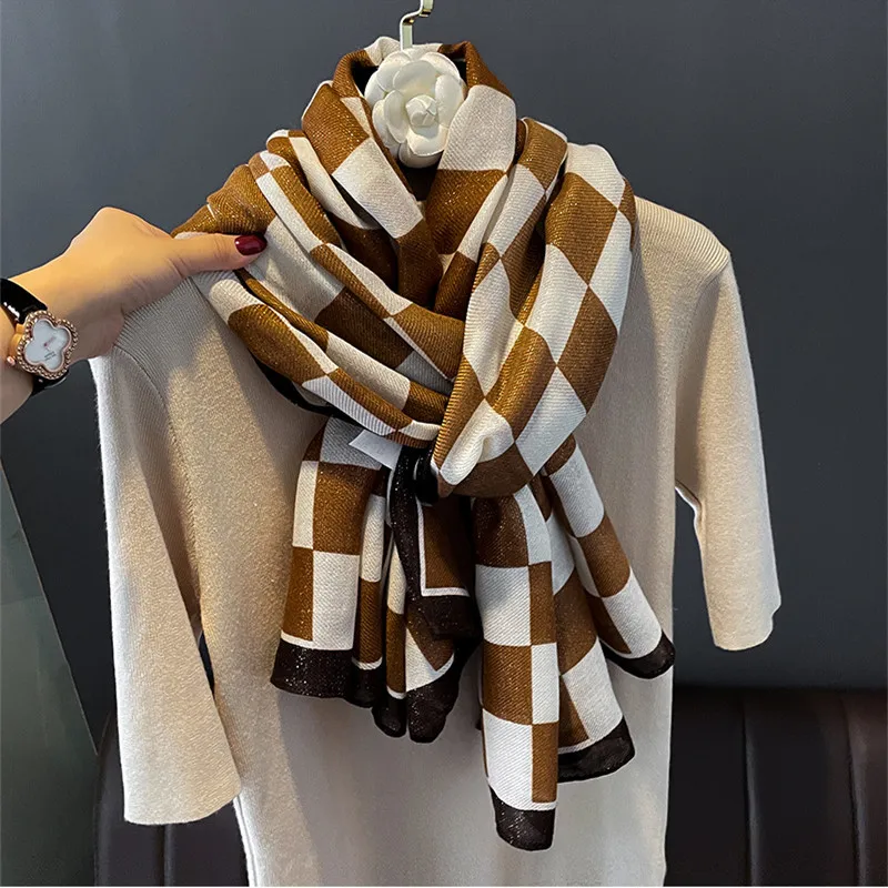 New retro checkerboard fashion cotton and linen feel oversized silk scarf gauze female summer air conditioning shawl warm scarf