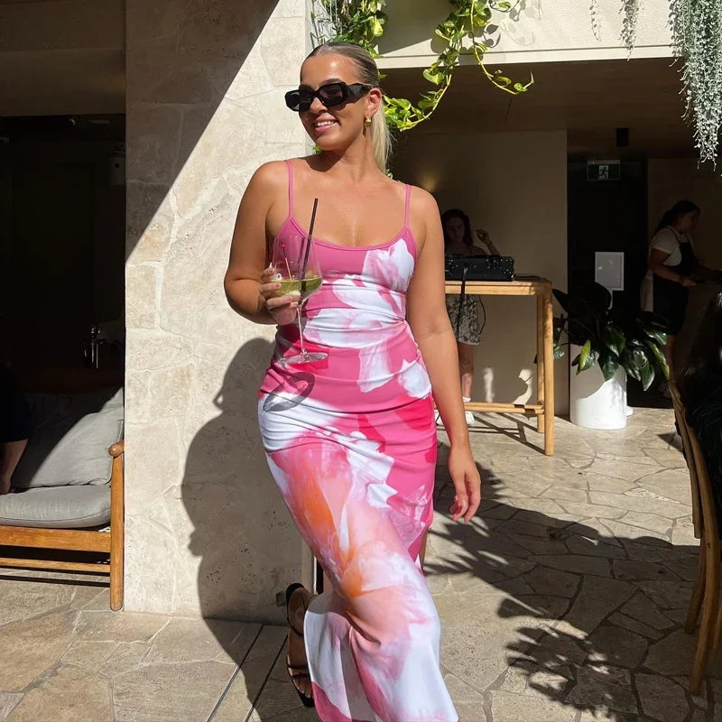 Elegant Printed Backless Long Dress Summer Women's Fashion Contrast Color Party Dress Patchwork Suspender Long Dress 2024 New