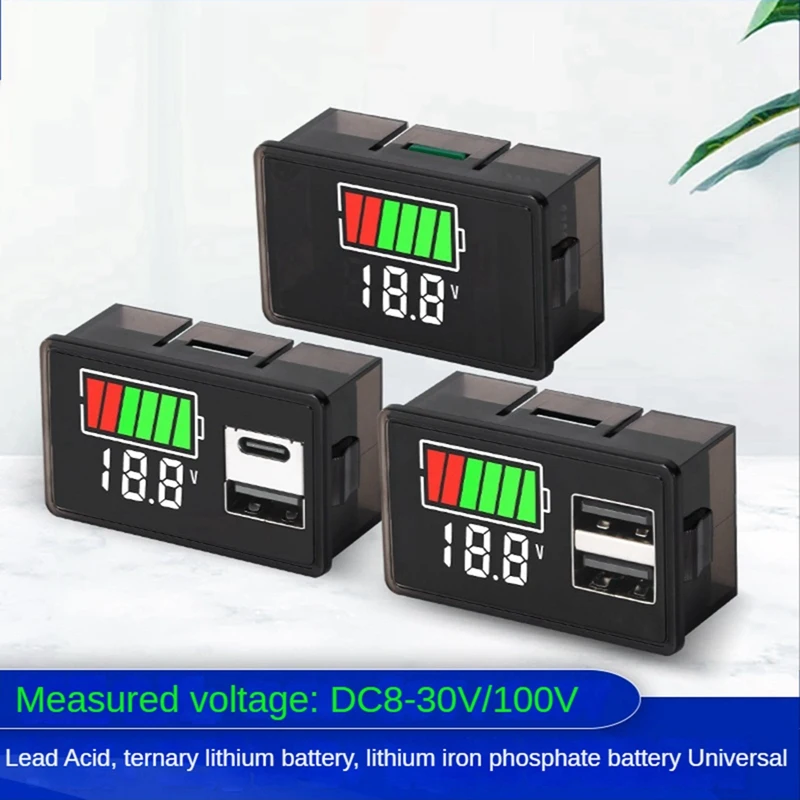 1 Piece Battery Charge Level Indicator Lithium Battery Capacity Meter Test Display LED Tester Voltmeter , USB+Type-C DC 8-30V