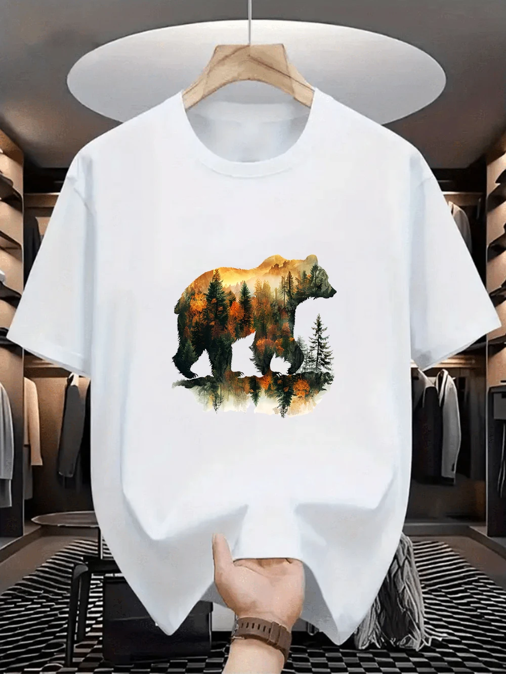 Oversized White Bear Wolf Forest Graphic Print Casual Short Sleeve T-Shirt, Loose Crew Neck Tee for Nature Wildlife Lovers