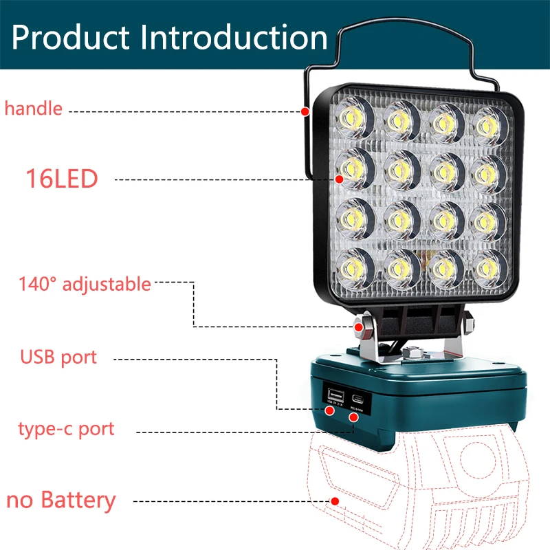 Luz de trabalho led portátil para bosch 14.4v-18v bateria de íon-lítio 48w 3400lm lanterna de iluminação de emergência com carga usb tipo-c ganz
