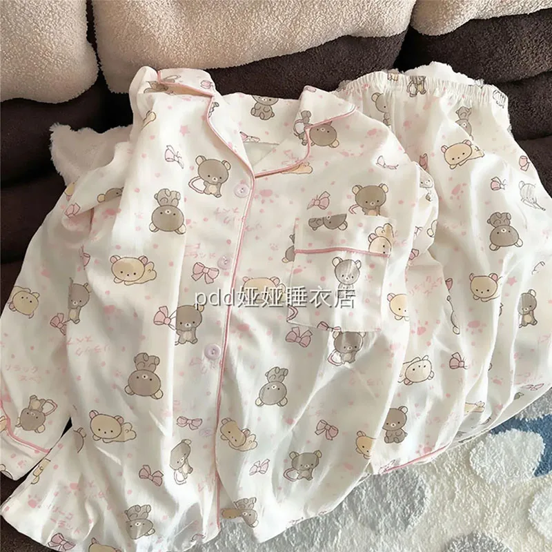 Pijama Kawaii Rilakkumas para mujer, pantalones de manga larga para primavera y otoño, seda auténtica Y2K, conjunto de ropa de casa con dibujos animados para chica, regalos de cumpleaños