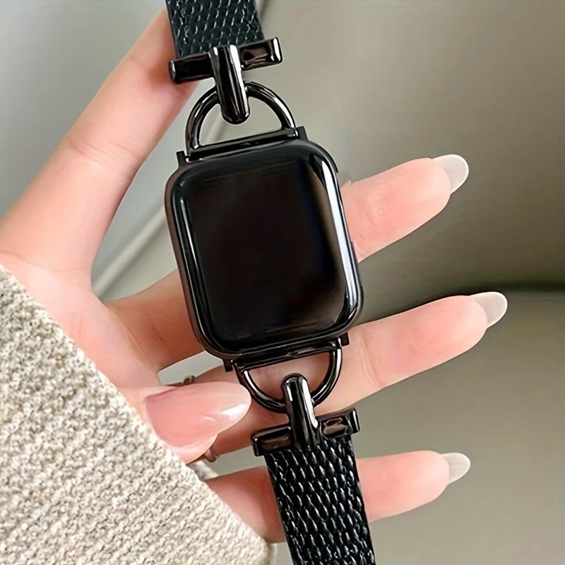 For Apple watch ultra21ses987654321 series 38404142444549mm rose gold metal D-shaped decoration with black soft leather band