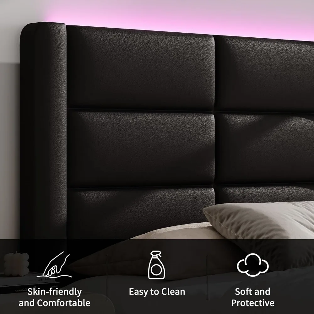 سرير حديث منجد من الجلد الصناعي مع لوح رأسي وأضواء LED ودعم شرائح خشبية للاستخدام الثقيل