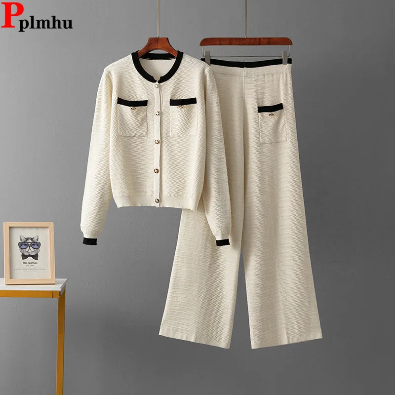 

Korean Fashion Knit 2 Piece Sets Women O-neck Single Breasted Sweater Cardigan Tops Conjuntos High Waist Straight Pants Outfit