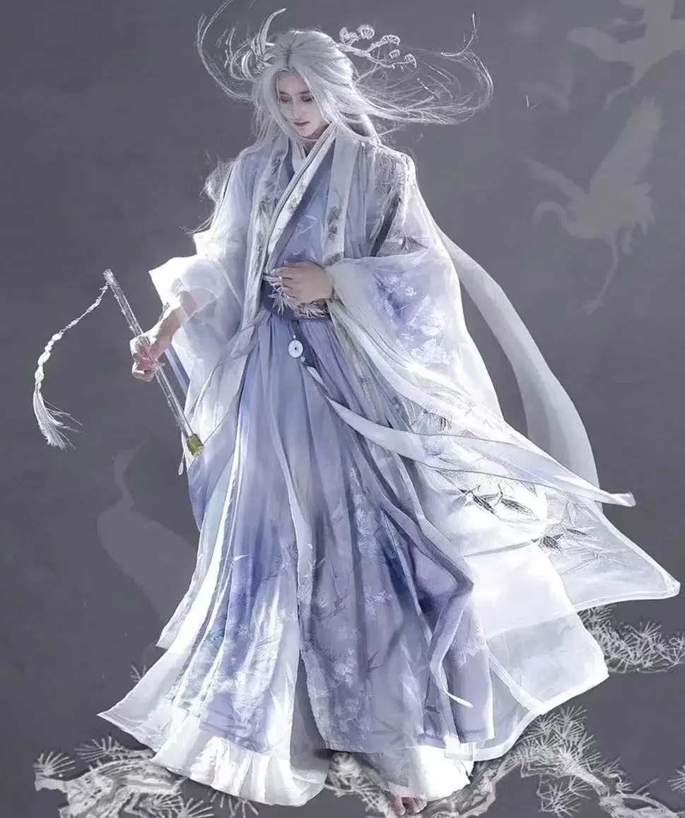 

Нишевые обновленные комиксы Hanfu для мужчин и женщин, рубашка с древней фиолетовой вышивкой и большими рукавами, костюм феи на Хэллоуин, боевой косплей