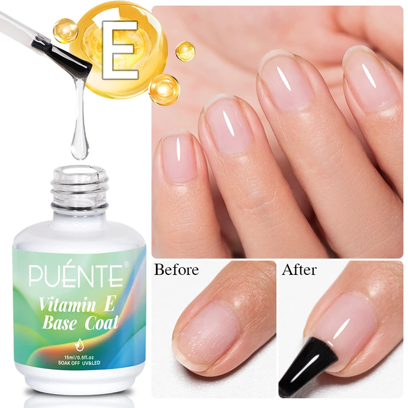 PUENTE 15ML Vitamin E Base Coat Gel Nail Polish For Soft Thin Breaking Nails Strengthen Soak Off UV Gel Varnish For Nail Care