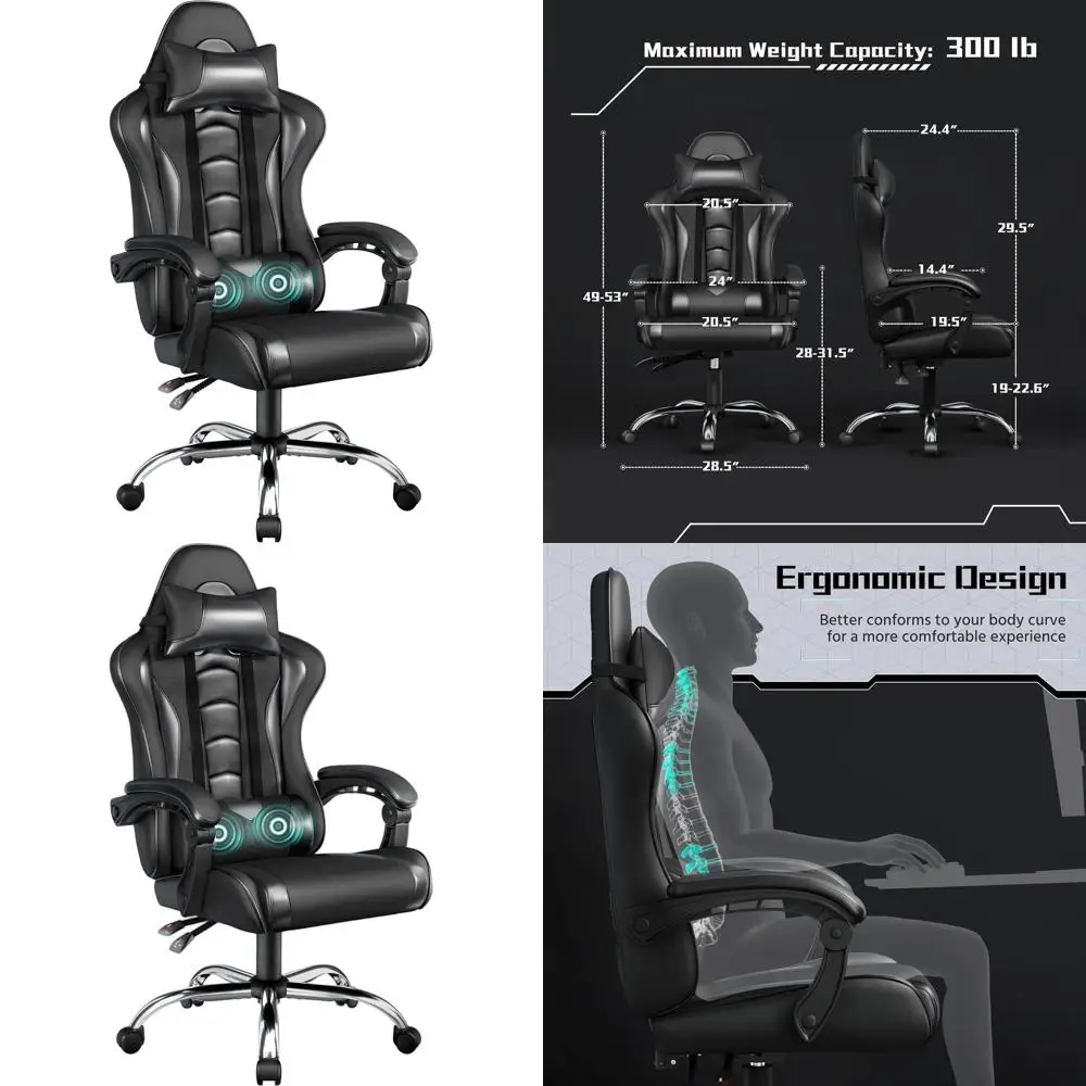 

Ergonomic Swivel Gaming Chair with Lumbar Massage Support, Height Adjustable, Fully Black