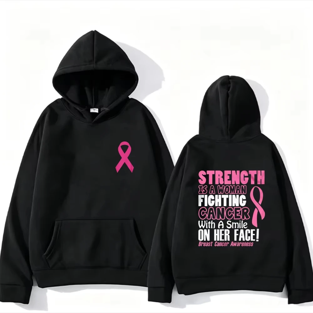2026 New Strength Is A Woman Fighting Cancer Pink Ribbon Breast Cancer Awareness Two Sided Graphic Hoodie Wom