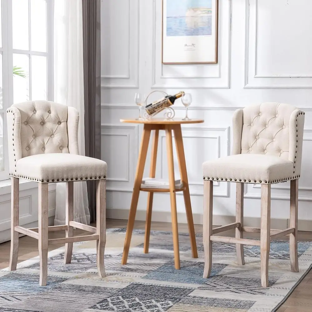 

Комплект из 2 барных стульев с льняной обивкой, 30 дюймов, бежевые, с высокой спинкой и подлокотниками, на ножках из массива дерева, для кухни