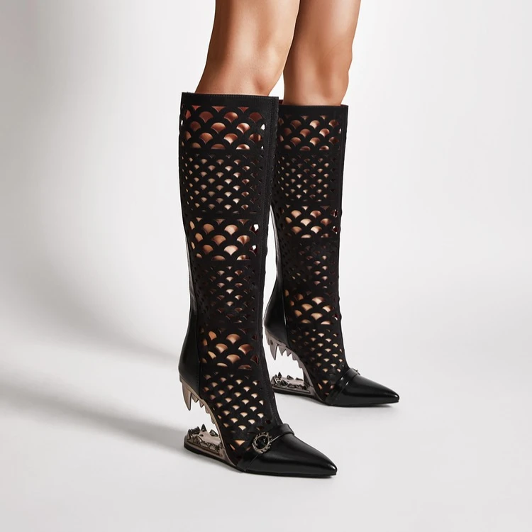 

Новые длинные сапоги на каблуке с тигровым зубом в стиле ретро, весна-осень, богемный стиль, черные крутые ботинки на неровном каблуке 10 см, размер 36-43