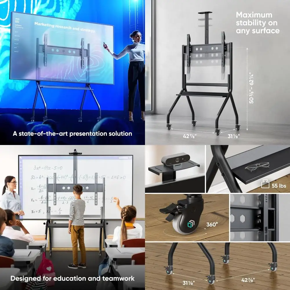 

Регулируемая усиленная подставка для телевизора на колесах для телевизоров с диагональю 60-120 дюймов, до 331 фунта, VESA 1000x600, передвижная тележка с полкой - черная