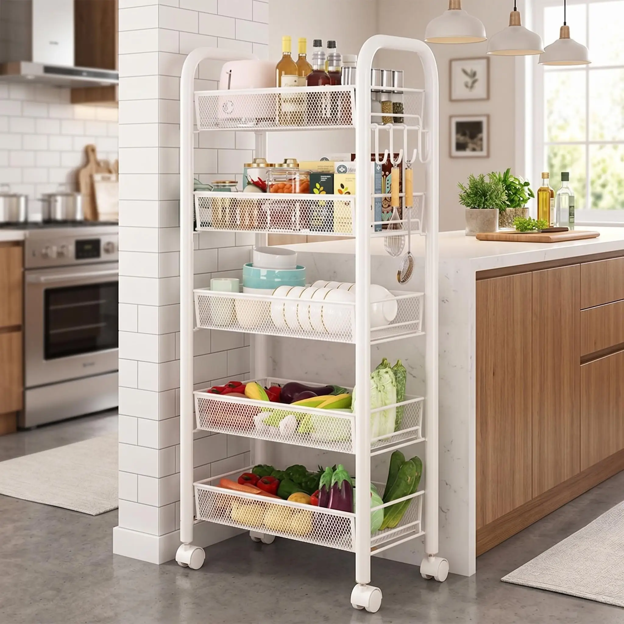 Chariot de rangement roulant en métal HiMiss Slim à 5 niveaux, multifonctionnel, 360° °   Étagère de rangement à roulettes avec paniers amovibles pour cuisine et garde-manger
