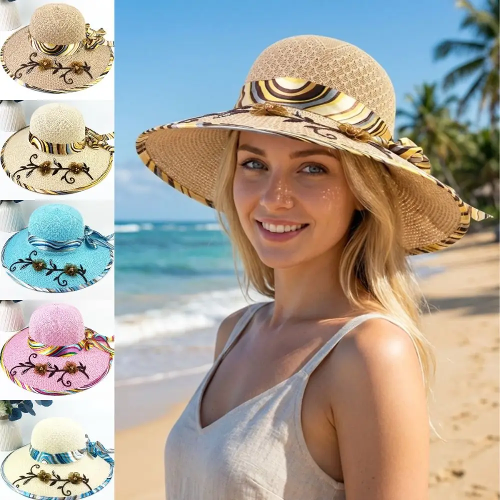 Trendy Flower Ribbon Women's Sun Hat Wide Brim Lightweight Bucket Hat UV Protection Breathable Beach Hat Summer Outdoor