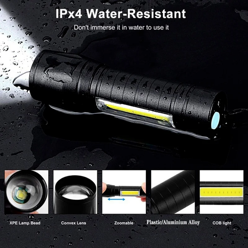 4PC Mini LED Flashlight Portable USB Rechargeable Zoom Torch Outdoor Retractable Q5 Lighting Waterproof Remote Camping Hiking