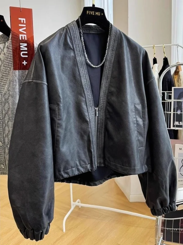 

plus Size 300 Pou Women's Jaet ort Loose V-Ne Retro Leather Coat Fall Season Faionable Versatile Zipper Closure Ou...