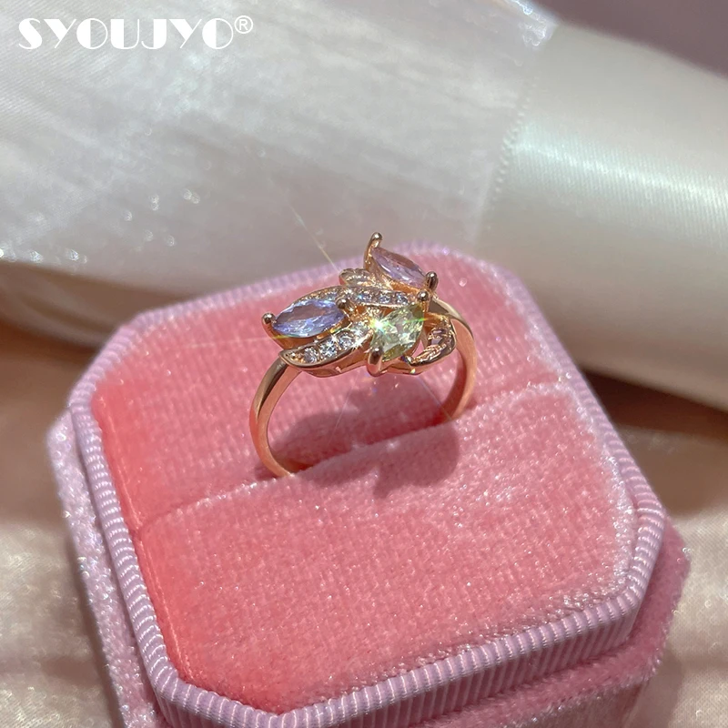 SYOUJYO Colorful Crystal Flower Ring For Women Romantic 585 Rose Gold Bride Wedding Rings Lover\'s Fine Jewelry Luxury Gift