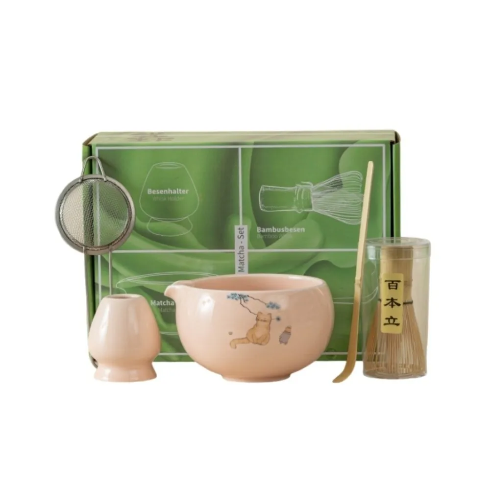 

2/4/5/7PCS Cute Ceramic Matcha Bowl Pink with Pouring Spout Matcha Whisk Holder Cat Reusable Matcha Making Kit Tea Lovers