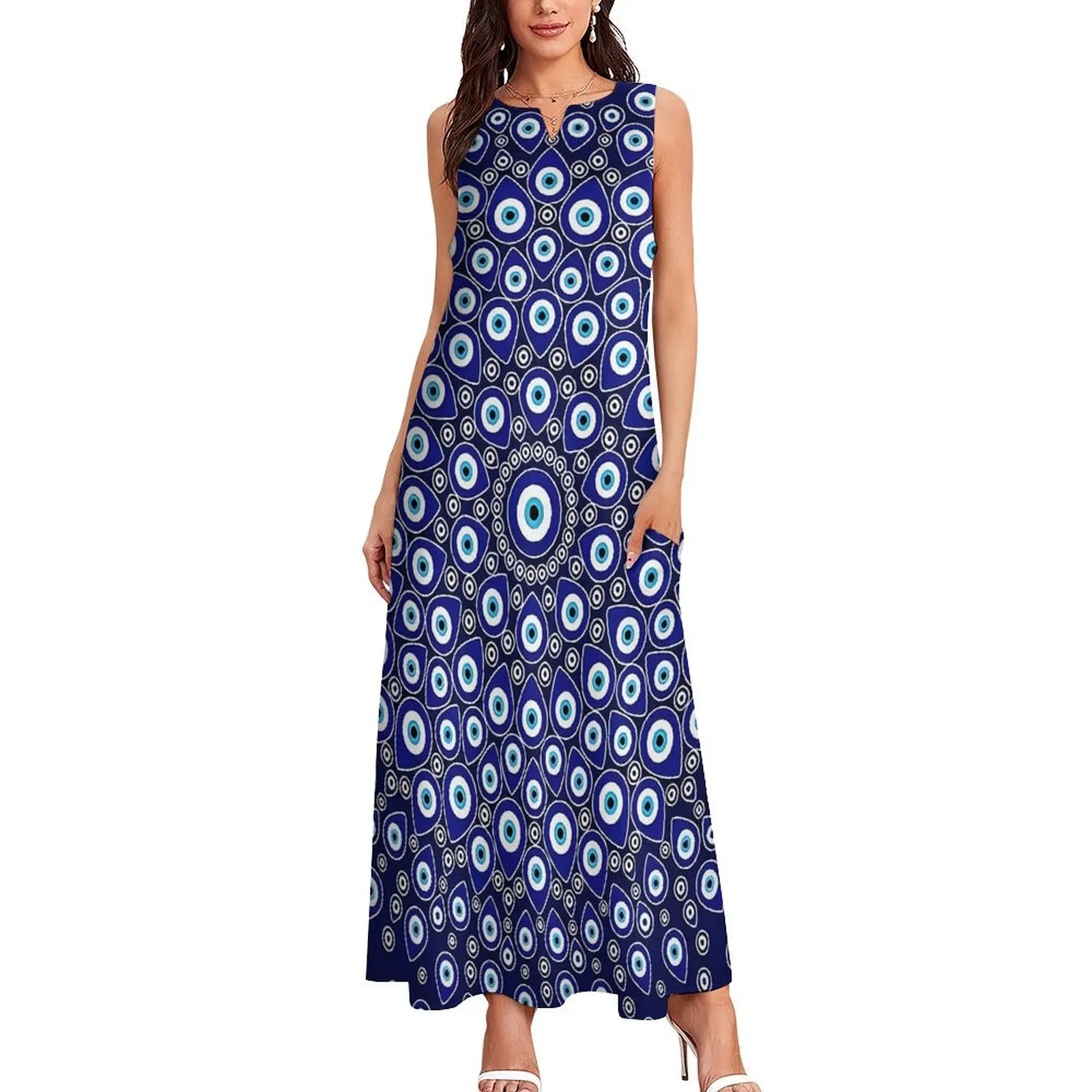 Evil Eye Print Dress Nazar Eye Circular Party Maxi Dress Fashion Boho Beach Long Dresses Female Sleeveless Oversized Vestido