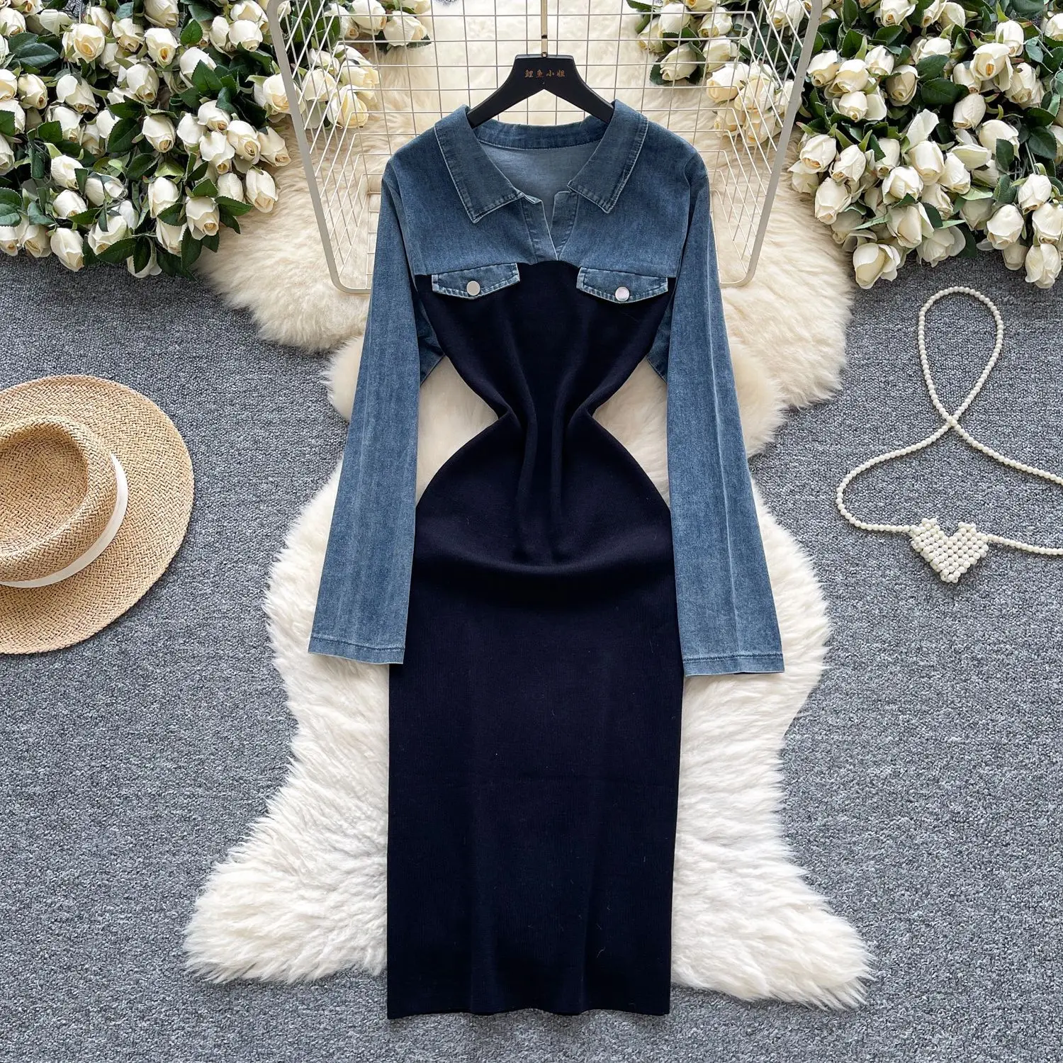 

Denim Dress Women Long Dresses Splice Vestidos Streetwear Turn Down Collar Knitted Bodycon Elegant Y2k Work High Waist 2025