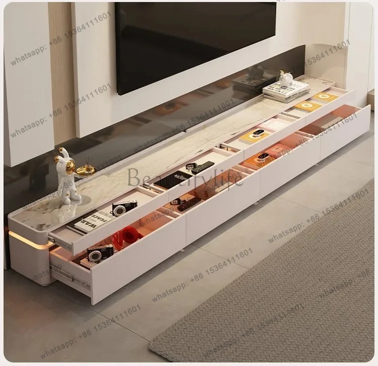 floor-to-ceiling double-layer TV cabinet rock slab cream wind modern living room 3 meters combination splicing floor cabinet