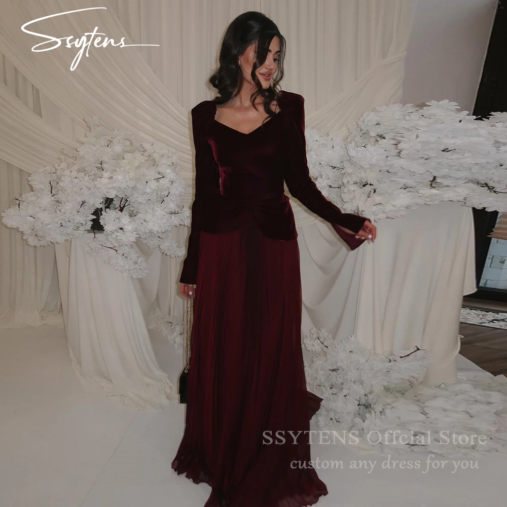 

SSYTENS Burgundy Velvet Evening Dresses Women Beach Prom Party Dress Long Sleeves Elegant Wedding Prom Gowns Customized فسات