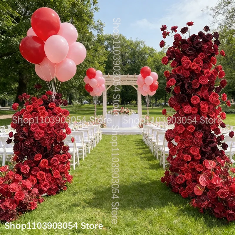 Rote, burgunderrote, schwarze Rosenblumenreihe, Blumenarrangement, Hochzeitshintergrund, KT-Board-Bogenrahmen, Dekoration für Veranstaltungen und Partys. – Detail 1