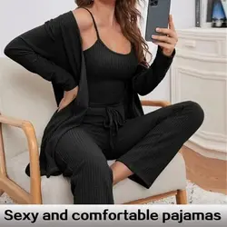 3Piece Women Sets Sling Tops Pants Robe Pajamas Lounge Home Wear Pyjama Pour Femme Slim Fit Loungewear