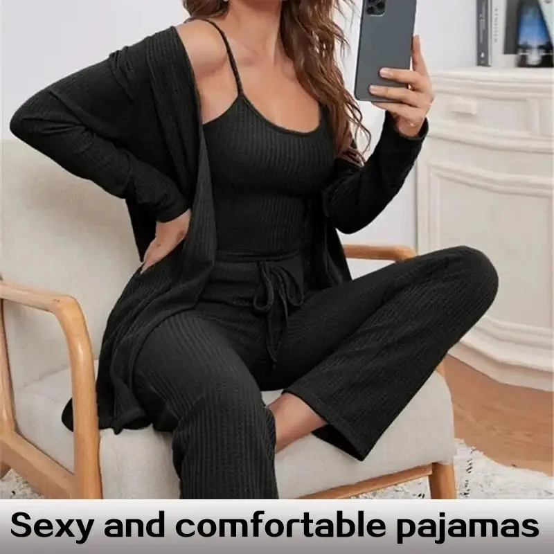 3-częściowe zestawy damskie topy na ramiączkach spodnie szata piżama salon odzież domowa piżama Pour Femme Slim Fit odzież domowa