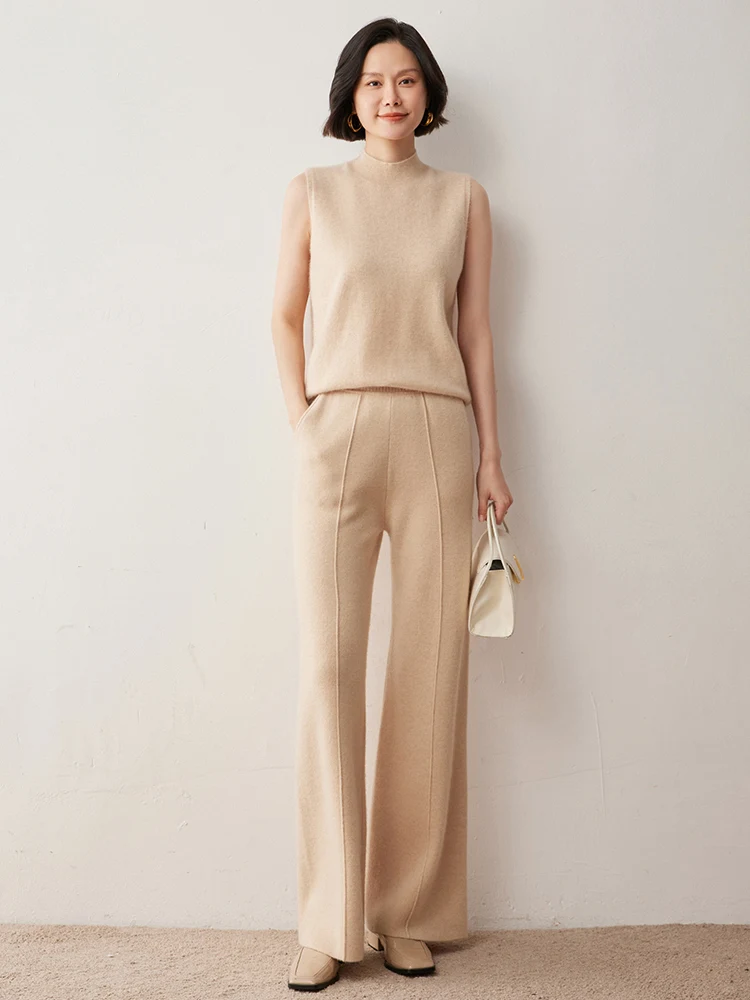 Pantalon droit en cachemire pour femme, taille élastique, 100% cachemire tricoté, poches solides, pantalon classique pour femme de bureau, automne hiver