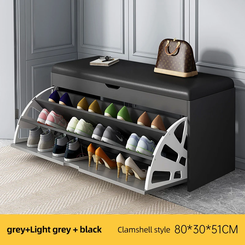 Modern Solid Wood Adjustable Rotating Shoe Rack Storage Cabinet With Seat For Living Room