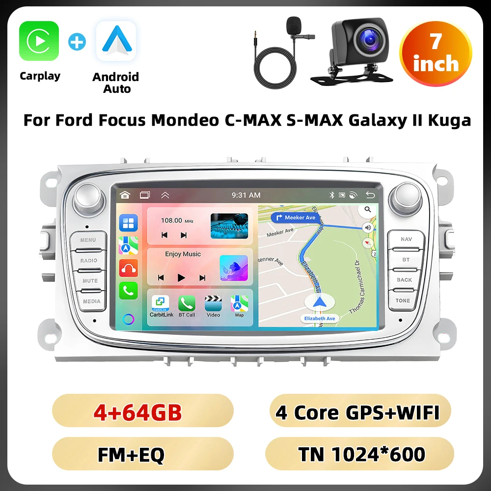 Podofo 7 ''Android Multimedia Speler Voor Ford Focus Mondeo C-MAX S-MAX Galaxy Ii Kuga Gps Navigatie 2 64G Carplay Android Auto - afbeelding 1