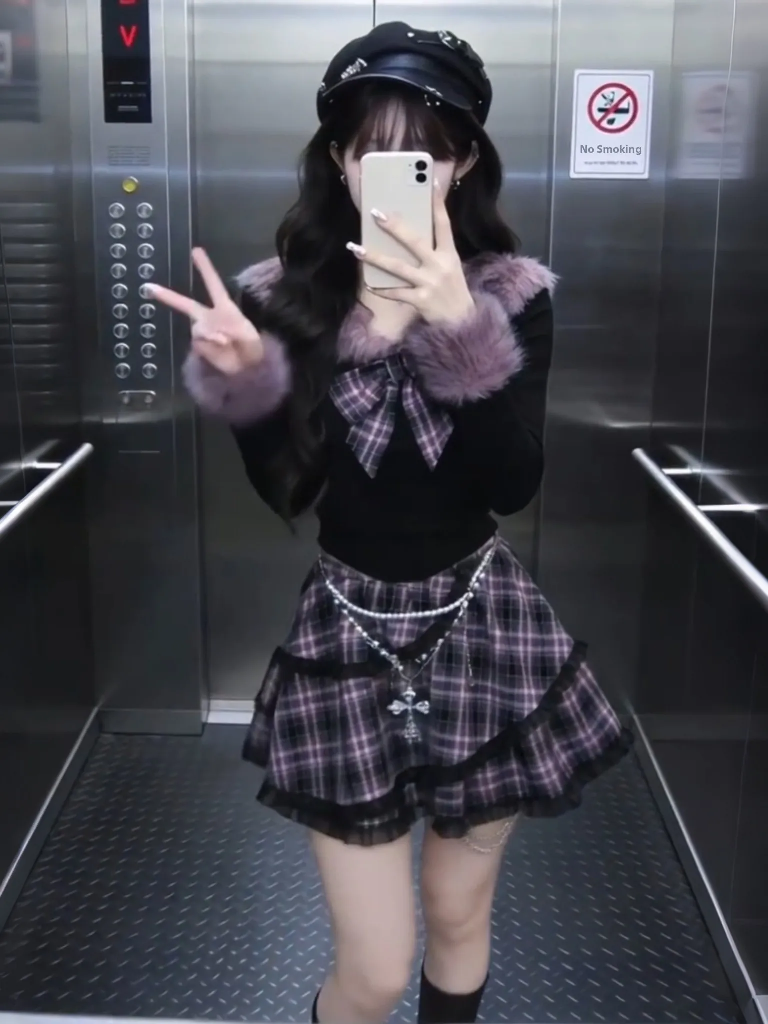 

Berry Velvet Dark Style Asymmetrical Short Skirt Set Women's Knot Top Black Purple Half-length Skirt Two-piece Set