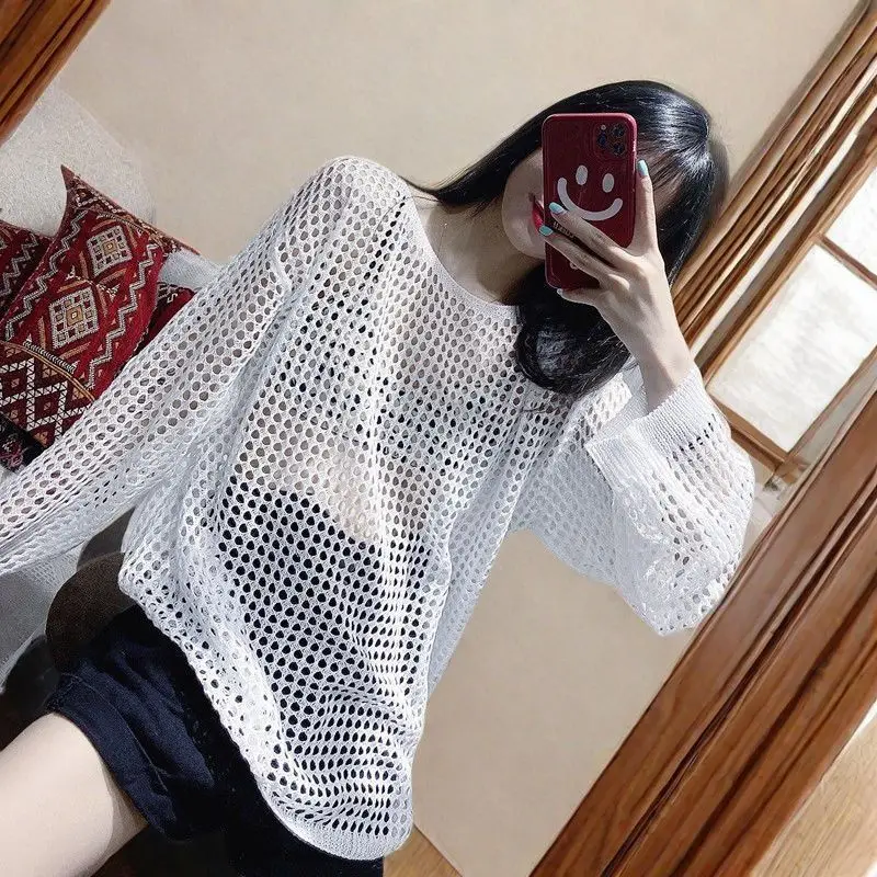 Moda O-Collo lavorato a maglia tinta unita scava fuori camicette abbigliamento femminile 2025 primavera estate nuove magliette coreane allentate camicie casual