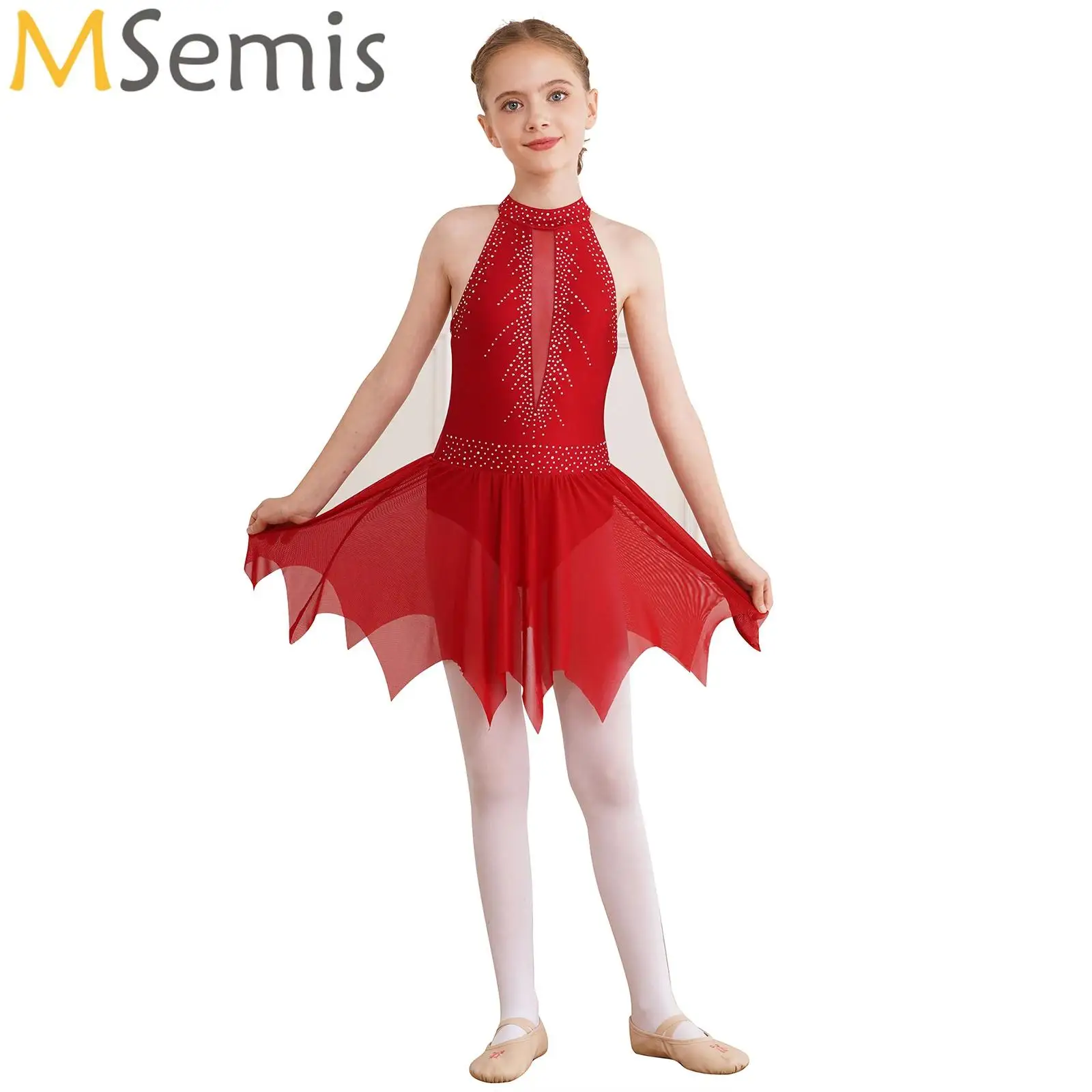 女の子のためのスケートレオタードドレス,裸の背中の非対称メッシュスカート,光沢のあるラインストーン,バレエダンス,体操の衣装,フィギュアスケート