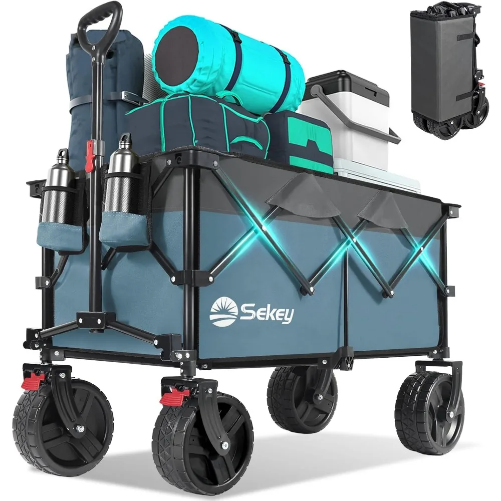 

Collapsible Wagon Cart with Big All-Terrain Beach Wheels, Foldable Heavy Duty Wagons with Cup Holders, Utility Carts for Camping