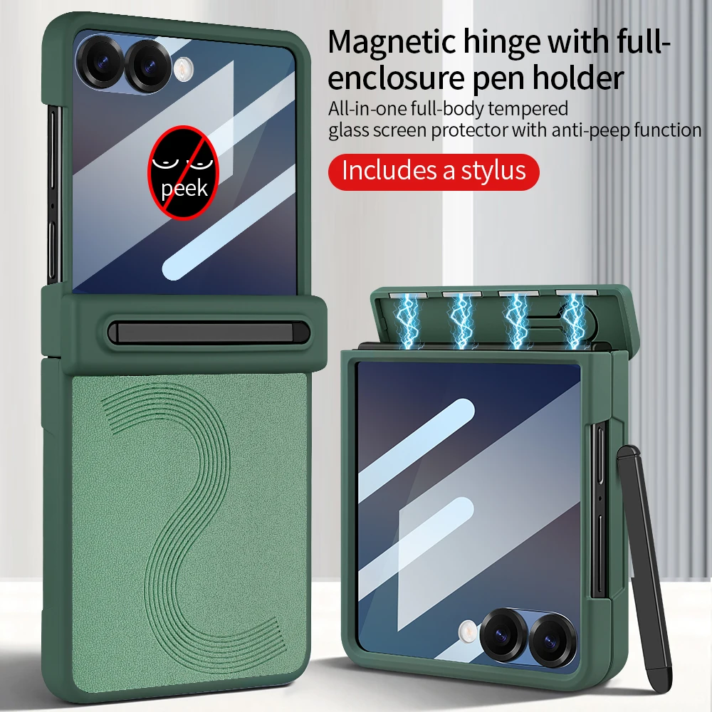 

Magnetic Hinge Protection Full Cover PU Leather Case with Stylus And Anti-peeping Glass Film Compatible with Galaxy Z Flip 7 Z6