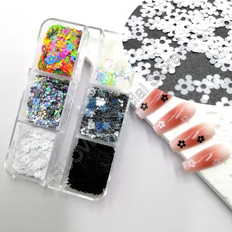 DIY 페이스 페인트용 매화 꽃 글리터, 청키 스팽글 플레이크, 팔레트 모양, 바디 메이크업 공예 장식, 6 그리드, 4mm