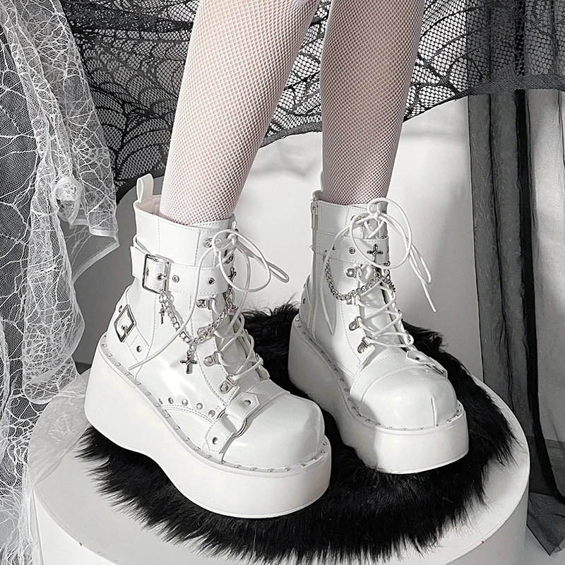 Original Round Head Punk Boots Y2K Fashion Gothic Short Boots Thick Sole Lolita High Heel PU Girls' Shoes 34-40