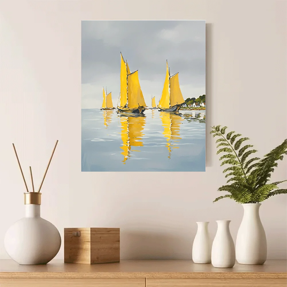 1 pieza de póster en lienzo sin marco, decoración de pared, veleros amarillos sobre agua tranquila, impresión artística de escena costera