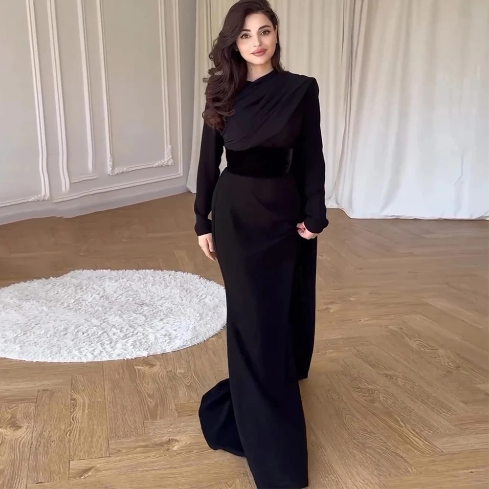 

Arya Saudi Arabia Black Evening Dress Jersey Floor Length Long Sleeves with Pleat Customized Women Occasion Formal Gowns New