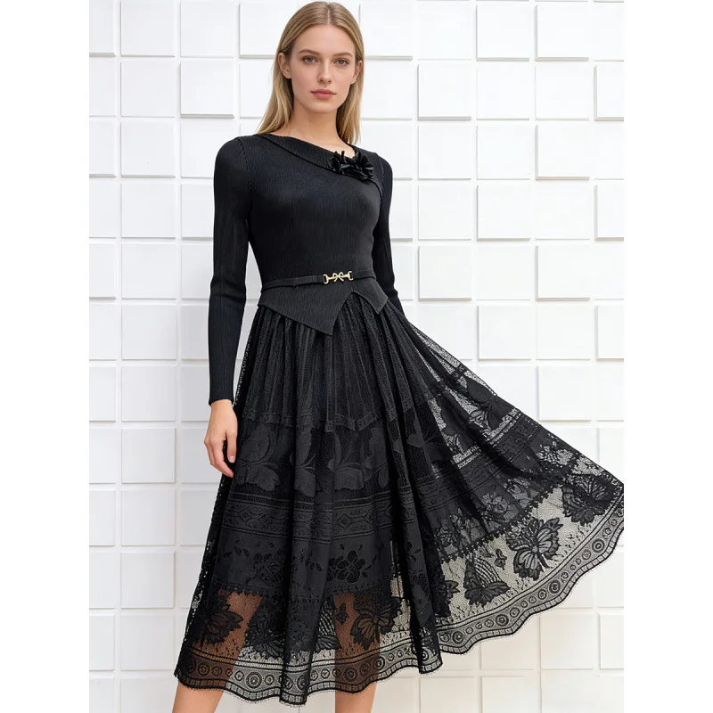 Miyake vestido plissado 2026 europa novo design de renda floral tamanho grande estiramento francês manga longa escritório commuter dersses roupas