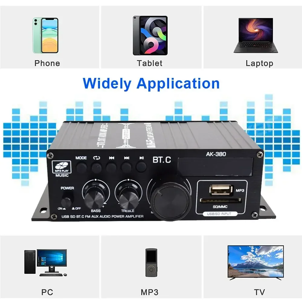 مكبر صوت قناة 2.0 HIFI بلوتوث 5 مكبرات الصوت المنزلية الصوت الرقمي أمبير 40 واط + 40 واط مشغل موسيقى AK380 لسيارة MP3 باس Trebl