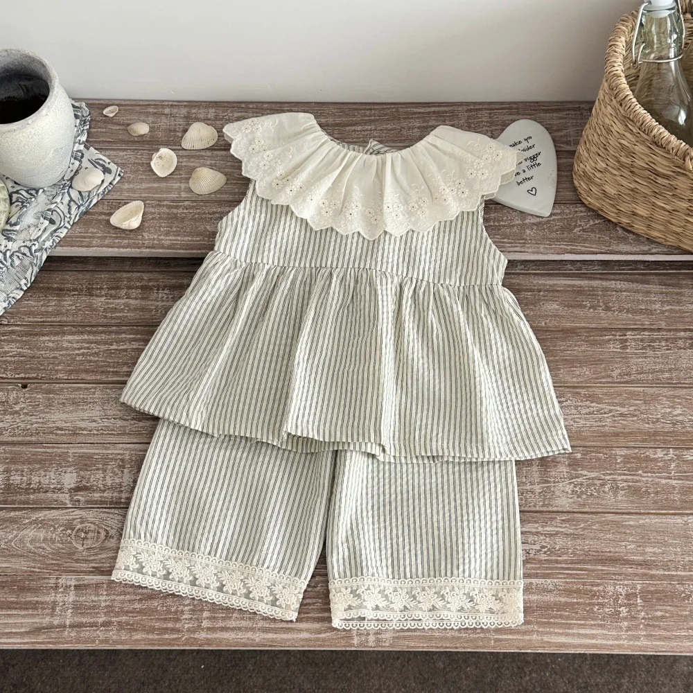 

2026 Summer New Baby Sleeveless Clothes Set Girls Large Lace Collar Striped Tops + Trousers 2pcs Suit Toddler Cotton Outfits