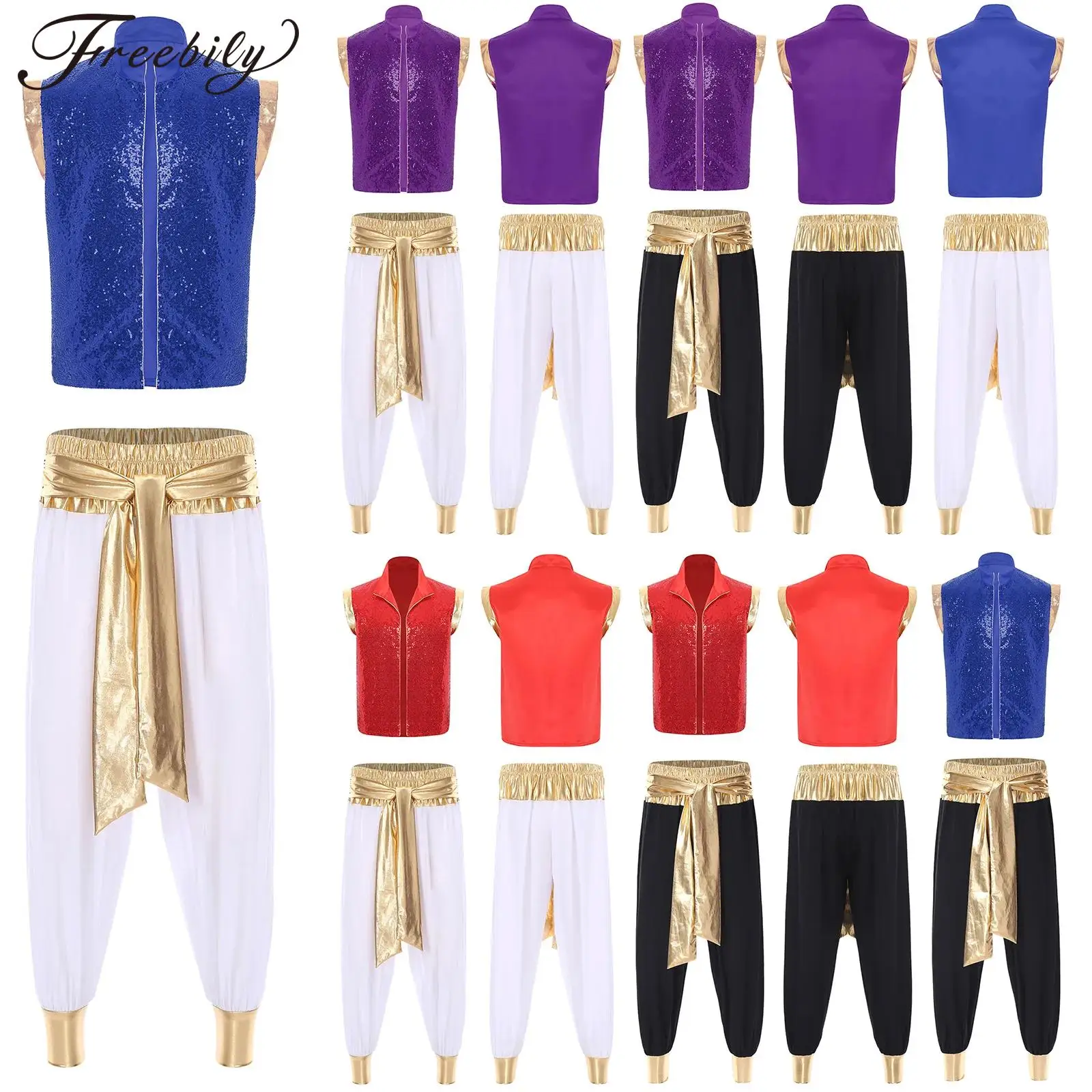 

Halloween Mens Arabian Prince Costume Sparkly Sequin Vest Waistcoat Pants Sets for Cosplay Party Carnival Performance Clothes