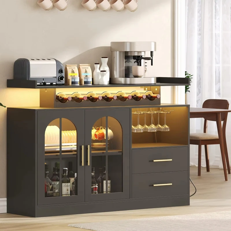 Modern black coffee bar cabinets with vaulted glass doors, wine racks and lockers for family bar restaurants